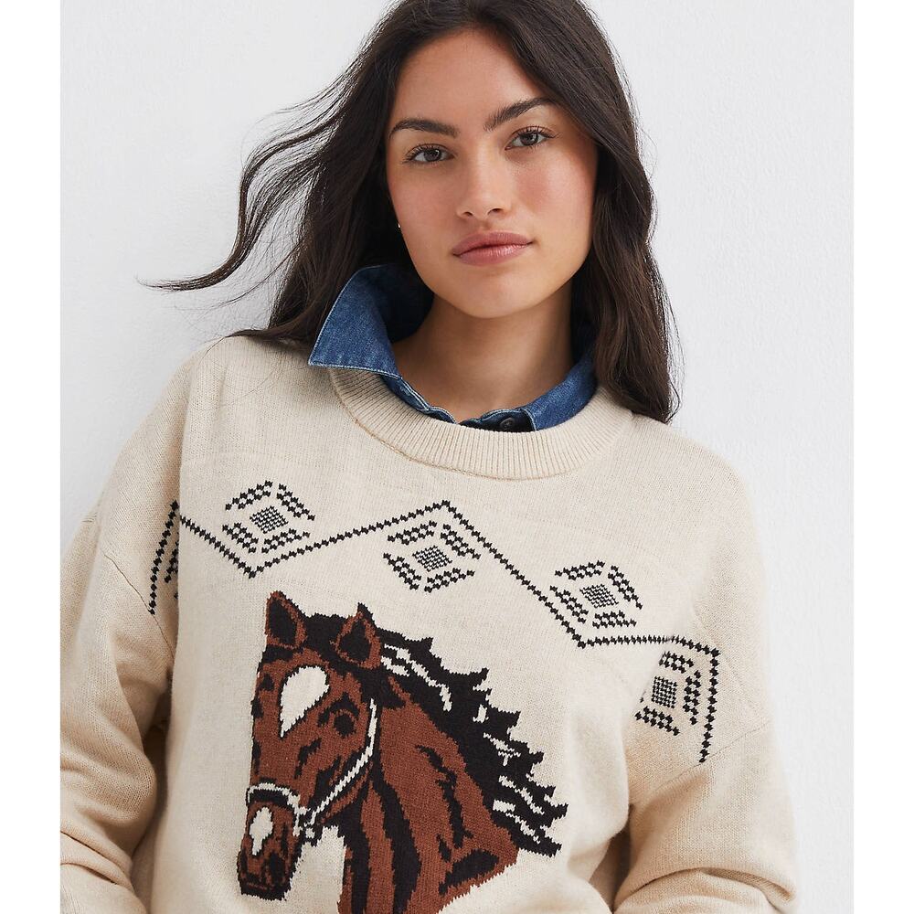 Ann Taylor LOFT Cream Horse Western Knit Crewneck Long Sleeve Sweater MEDIUM - Picture 10 of 11